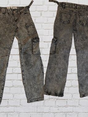 Y2K Wide Leg VIP Jeans Acid Wash Cargo Denim Pants - Gray